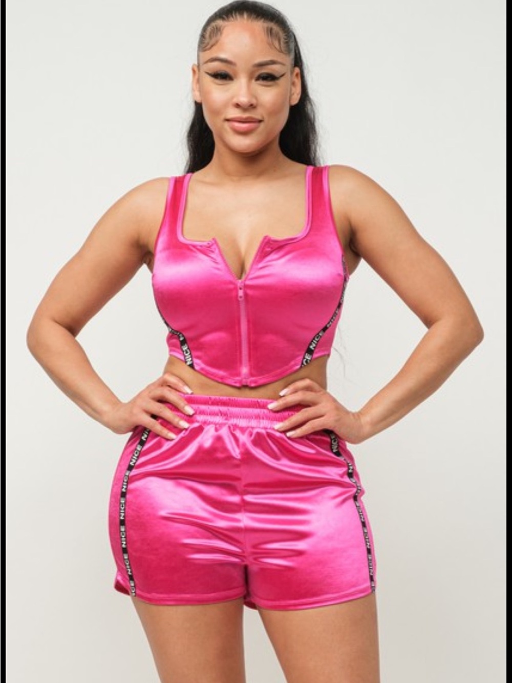 Satin Zip-Front Crop Top & Shorts Set - Hot Pink